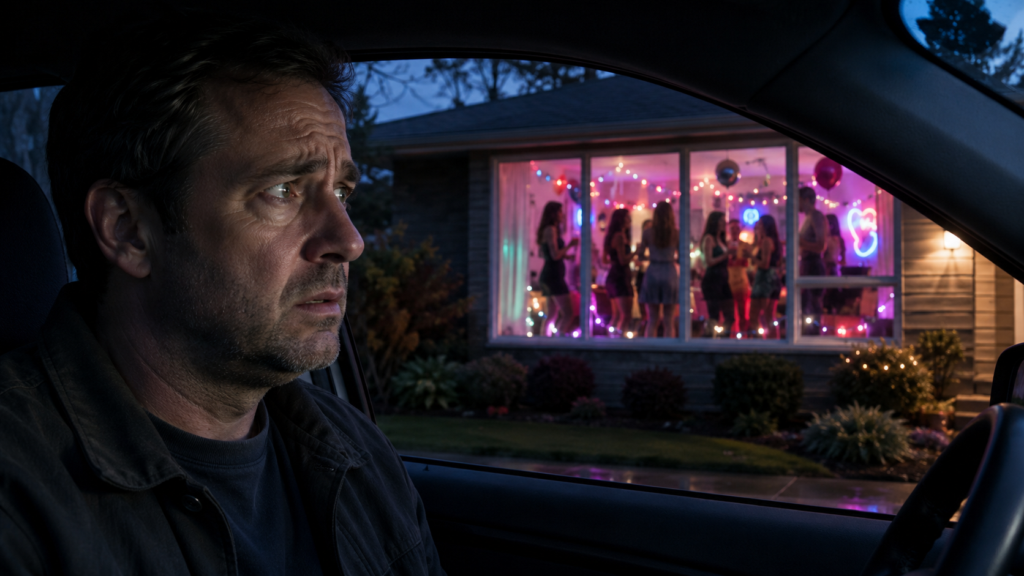 A middle-aged man with a worried and stressed facial expression looking out of his car window at a residential house. Through the large front window of the property, several young women are visible in the middle of a lively party, surrounded by colorful party lights and festive decorations. The interior of the house is brightly lit with vibrant neon glows that contrast against the dim, cool evening light of the street. The man's furrowed brow and anxious gaze are directed toward the scene inside, emphasizing his apprehension.