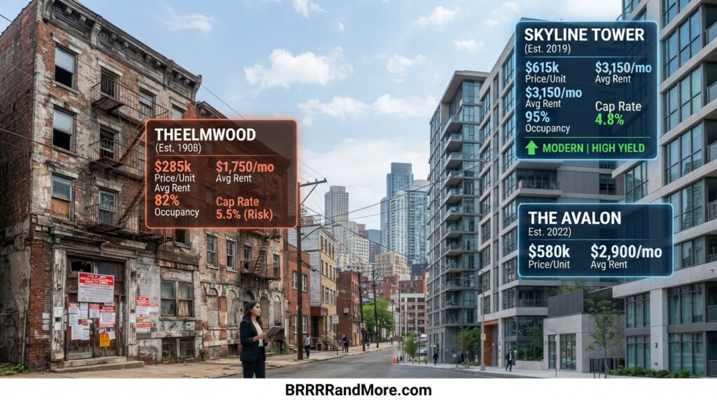Transform the scene to depict a real estate analysis. Integrate digital overlays showing clear price-per-unit and rent comparison metrics over the contemporary structures. For the older properties, emphasize textures of age such as weathered facades and subtle structural wear, while adding symbolic elements like official regulatory notices and legal documents posted on the property to indicate complex physical and administrative challenges. Include the URL BRRRRandMore.com at the bottom of the image.