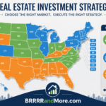 Top Markets for BRRRR Investors An infographic-style map of the United States divided into color-coded regions that compare balanced markets, cash-flow markets, and higher-risk BRRRR investment areas. The map uses a distinct color palette to categorize different states based on these real estate strategies, featuring a clean legend that defines each investment type. The overall design is professional and organized, similar to a financial report or data visualization. At the bottom center of the graphic, the URL "BRRRRandMore.com" is displayed in a clear, legible font.