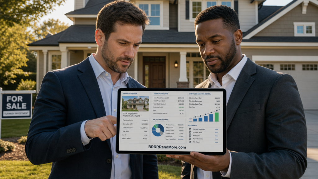 Two professional real estate investors stand in front of a well-maintained suburban house, focusing on a tablet held between them. The tablet screen displays a digital interface with property data, financial analysis charts, and document overlays. The scene is lit by soft afternoon sunlight, highlighting the architectural details of the home and the professional expressions of the investors as they analyze the property. At the bottom of the tablet is the URL BRRRRandMore.com