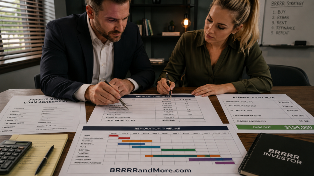 A focused private lender and a female BRRRR investor collaborating over a spread of professional real estate documents, including a detailed property budget, structured loan agreements, a color-coded renovation timeline, and a refinance exit plan. At the bottom of the plan is the URL BRRRRandMore.com The scene emphasizes the clarity of the financial spreadsheets and paperwork on the desk, with professional office lighting highlighting the texture of the documents and the serious, analytical expressions of the individuals.