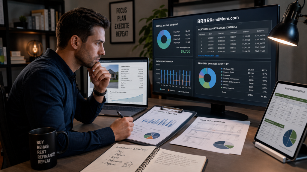 A young professional real estate investor intensely reviewing financial spreadsheets and digital dashboards.