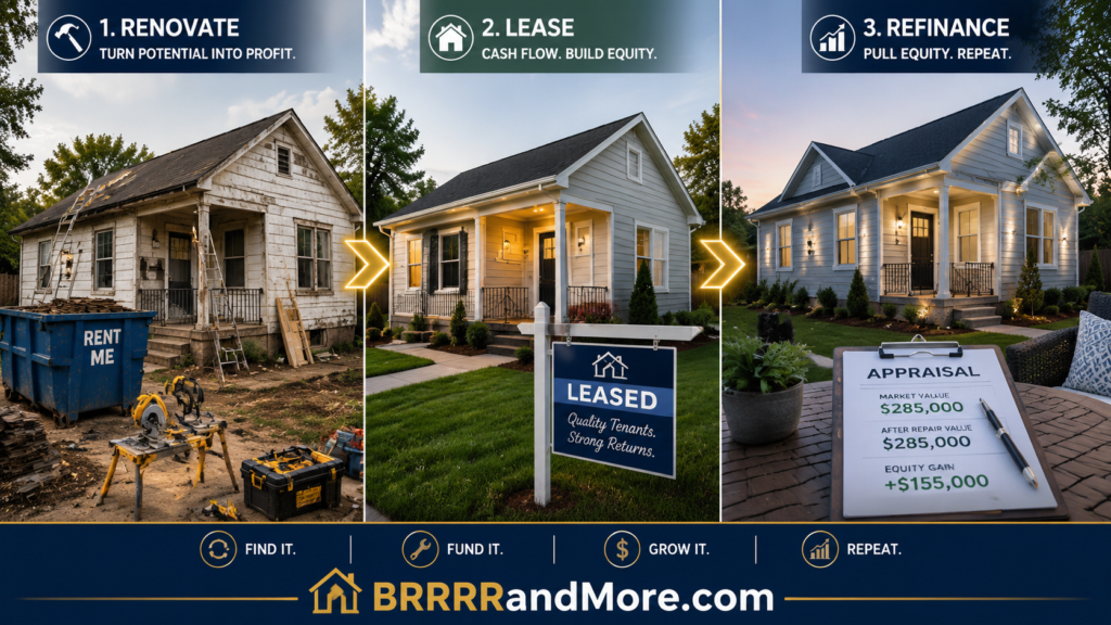 A visual progression of a single-family home investment starting with a worn exterior under renovation featuring construction tools and a dumpster, transitioning into a fully restored modern residence with fresh siding, a manicured lawn, and a professional "Leased" sign in the yard. The scene concludes with a polished view of the final property, highlighting its increased value through clean architectural lines and an appraisal clipboard resting on a porch table, representing the successful refinance and completion of the investment cycle.