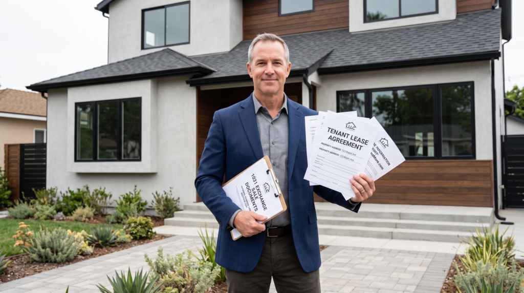A professional landlord standing in front of a modern, freshly renovated rental property, holding clear and legible tenant lease agreements and 1031 exchange sale documents.