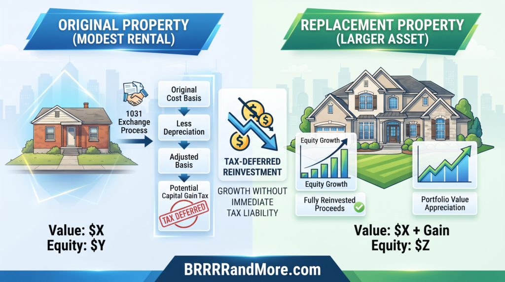A side-by-side visual comparison showing a modest rental property on one side and a larger, more valuable 1031 exchange replacement property on the other.