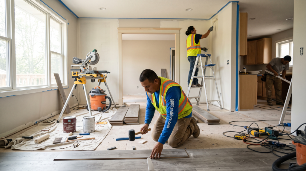 Active renovation of a residential interior by professional contractors, showcasing ongoing improvements like wall painting and flooring installation.