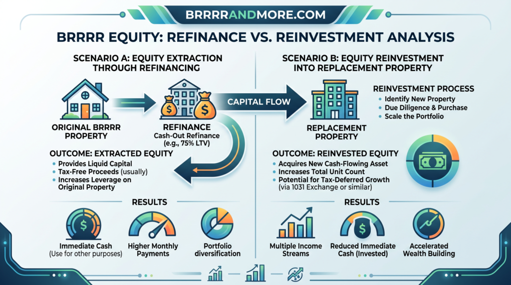 Split-view graphic comparing equity pulled from a BRRRR rental through refinancing with equity moved into a replacement property.