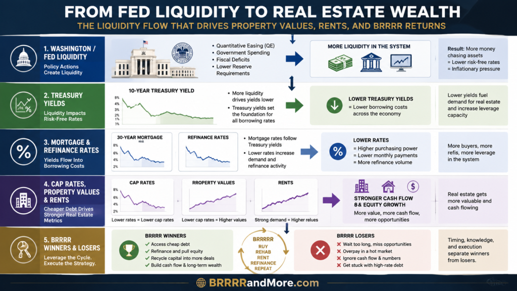 Federal Reserve liquidity flowing through Treasury yields, mortgage rates, rental property values, rents, and BRRRR refinancing.