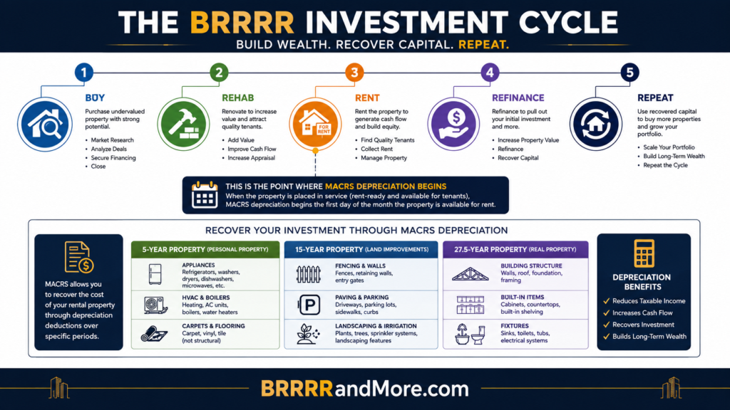 A professional infographic timeline detailing the BRRRR property investment cycle, specifically highlighting the exact point where MACRS depreciation begins.