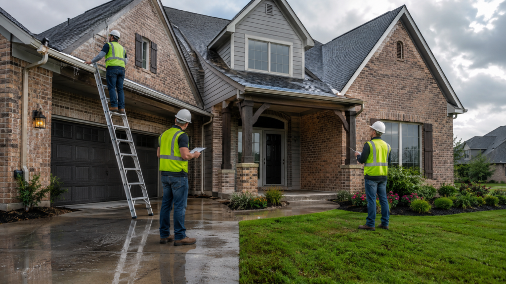 Oklahoma City rental property with maintenance professionals inspecting the exterior after severe weather.