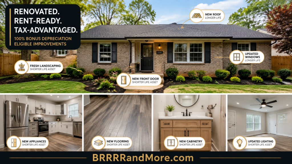 A professional visualization of a renovated rental property highlighting shorter-life assets such as modern appliances, new flooring, cabinetry, and updated lighting fixtures to indicate eligibility for 100 percent bonus depreciation.