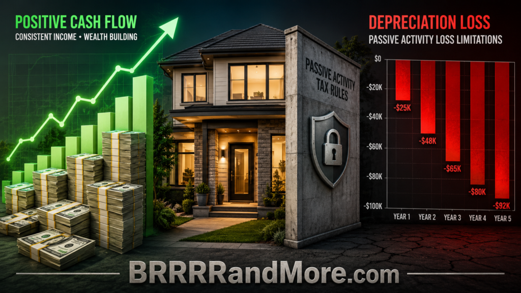 A conceptual visualization of a residential rental property where the physical house is flanked by two contrasting financial graphics.