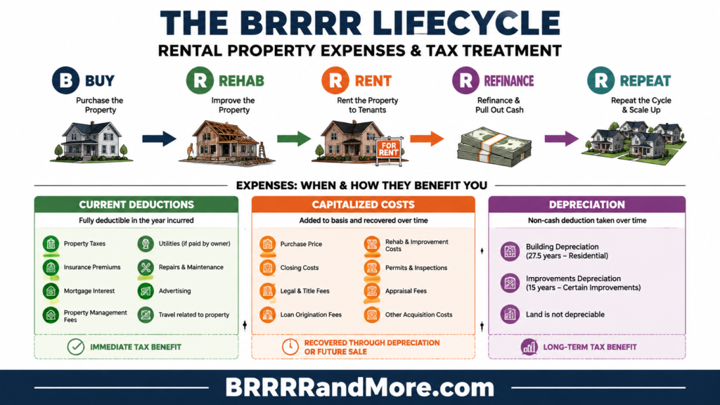 A visual representation of the BRRRR lifecycle with rental property expenses clearly categorized into three distinct sections: current deductions, capitalized costs, and depreciation.