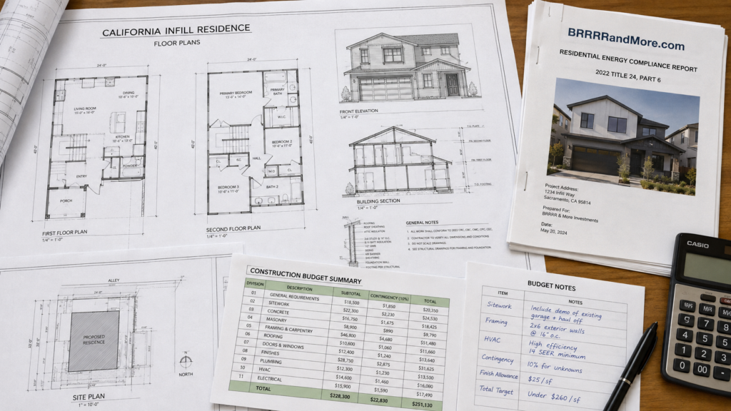 Detailed architectural floor plans for a California infill residence spread across a workspace, accompanied by stapled energy compliance reports and printed spreadsheets showing construction budget notes.