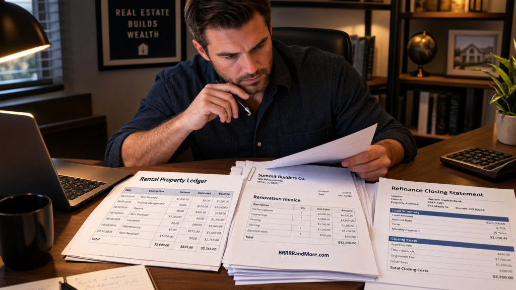 A professional investor seated at a desk, meticulously comparing a rental property ledger against a collection of renovation invoices and a refinance closing statement.