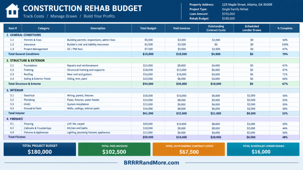 A professional construction rehab budget spreadsheet with a clean tabular layout.