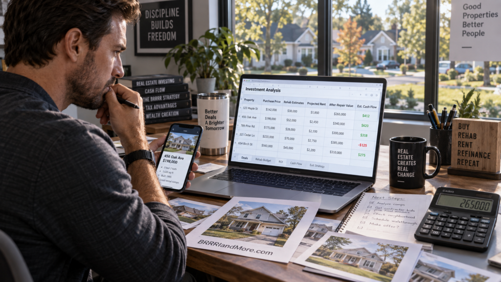 A focused real estate investor sits at a modern workspace, intensely analyzing a financial spreadsheet on a bright laptop screen.