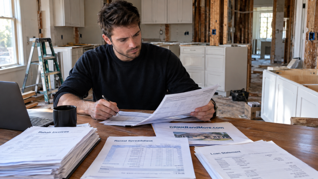 A real estate investor sits at a kitchen table, focused on a spread of financial documents, including rehab invoices, rental spreadsheets, and loan statements.