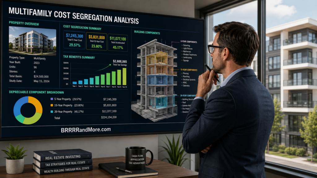 A professional real estate investor meticulously examining a multifamily cost segregation analysis on a large screen.