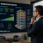 A professional real estate investor meticulously examining a multifamily cost segregation analysis on a large screen.