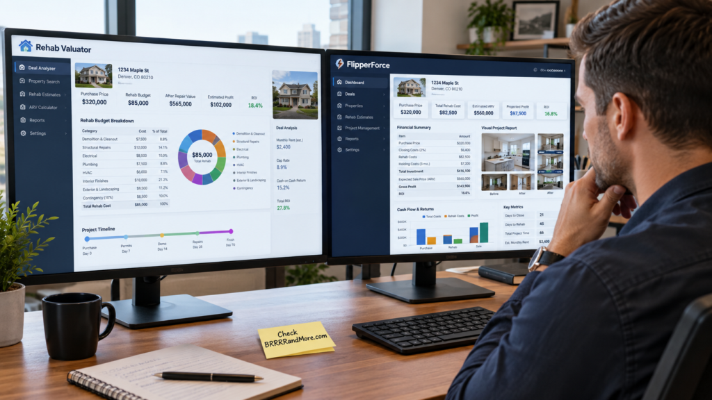 A professional real estate investor sitting at a desk, intently comparing the digital interfaces of Rehab Valuator and FlipperForce on two side-by-side monitors.