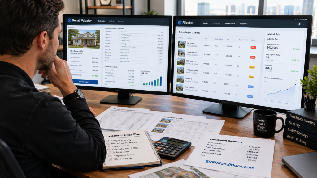 A professional real estate investor at a modern desk, intensely analyzing a side-by-side digital comparison of the Rehab Valuator and Flipster interfaces.