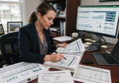 A focused real estate investor meticulously examining detailed financial spreadsheets and closing cost documents. The scene emphasizes clear property analysis reports, purchase agreements, and refinance calculations, with natural lighting illuminating the data-heavy pages and digital screens. The composition highlights the professional atmosphere of a rental property evaluation, showing legible charts and investment metrics.