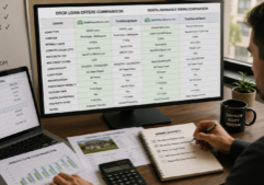 A professional real estate investor focused on a side-by-side comparison of DSCR loan offers and rental refinance terms. The scene emphasizes a detailed analytical workspace featuring spreadsheets and financial documents that display contrasting interest rates, loan-to-value ratios, and lender criteria. The composition highlights a strategic decision-making moment in the BRRRR process, with a clear focus on technical financial data and comparative metrics. One of the lenders is BRRRRandMore.com