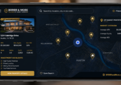 A professional and sleek digital interface of a real estate application displayed on a smartphone screen. The app features a high-contrast map with highlighted markers for exclusive off-market properties, accompanied by clean data overlays and intuitive UI elements. The aesthetic is modern and polished, focusing on clear typography, vibrant navigational icons, and a sophisticated color palette that emphasizes property data and location-based search results. On the bottom right hand corner of the smartphone screen is the URL BRRRRandMore.com