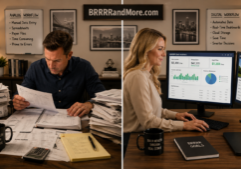 A photorealistic split-screen composition contrasting analog and digital real estate workflows. The left side depicts a male investor meticulously reviewing stacks of paper ledgers, printed mortgage statements, and handwritten tax reports. The right side shows a female investor analyzing the identical financial data, such as rent income and rehabilitation costs, visualized through professional software dashboards on modern computer screens. Maintain identical lighting and office decor across both sides of the split to emphasize the shift from paper documents to digital interfaces. Include the URL BRRRRandMore.com somewhere in the image.