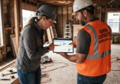 A female real estate investor and a general contractor in a safety vest with the URL BRRRRandMore.com lean over a glowing tablet inside an active construction site. The tablet screen clearly shows a complex renovation dashboard with schedules and financial charts. Natural sunlight illuminates the interior, highlighting the raw textures of exposed wooden framing, concrete floors, and scattered construction tools. The focus remains on their collaborative interaction and the legible data on the digital display amidst the rugged, unfinished environment of the property.
