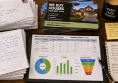 A professional overhead workspace arrangement featuring stacks of handwritten envelopes, glossy real estate postcards, and detailed mailing lists. The scene includes a campaign tracking spreadsheet with colorful progress charts and handwritten notes symbolizing seller responses. Emphasize the tactile quality of the paper, the distinct appearance of pen ink on the letters, and a clean, organized composition that reflects a successful direct mail marketing operation. On the tracking spreadsheet is the URL BRRRRandMore.com