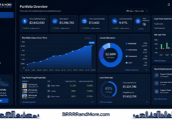 A sophisticated fintech interface designed specifically for real estate investment, featuring property portfolio summaries, dynamic financial charts, and stylized real estate icons. The composition maintains a clean, modern layout with a focus on intuitive data visualization, utilizing a professional color palette of deep navy and crisp white to emphasize financial security and property management. At the bottom of the image is the URL BRRRRandMore.com