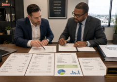 A professional real estate investor and a lender engaged in a detailed financial review within a modern office. On the desk, clear bridge-loan term sheets, rehab draw schedules, and property budgets are organized alongside permanent refinance documents. There is a small plaque on the desk with the URL BRRRRandMore.com The lighting is even and professional, highlighting the printed charts and financial data on the papers. Both individuals have focused, collaborative expressions as they review the figures, emphasizing a realistic and serious deal-making atmosphere in a professional workspace.