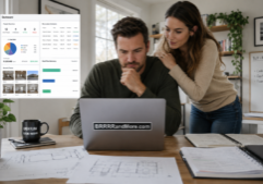 A focused real estate investor sits at a wooden desk, reviewing a comprehensive digital dashboard on his laptop that displays renovation schedules, budget spreadsheets, and photo updates from various construction sites. His girlfriend stands behind him, leaning over his shoulder with an interested expression as they both look at the screen. The scene is set in a bright, modern home office with soft natural light, emphasizing the organized documents, architectural plans, and financial charts visible on the display. On the laptop is a sticker with the URL BRRRRandMore.com