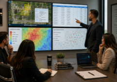 A collaborative real estate investment team in a modern conference room, actively analyzing multiple large digital displays. The screens show detailed property parcel maps with boundary lines, spreadsheets of ownership and sales comparable data, and colorful heat maps indicating rent trends and distressed-property markers. Focused office lighting illuminates the scene, highlighting the group's engagement as they compare data across the monitors in a professional, data-driven environment. On the bottom of one of the screens is the URL BRRRRandMore.com
